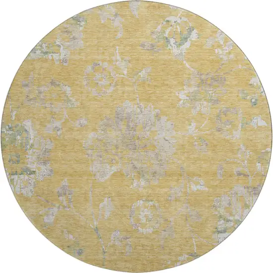 8' Gold And Silver Floral Washable Round Rug With UV Protection Photo 1