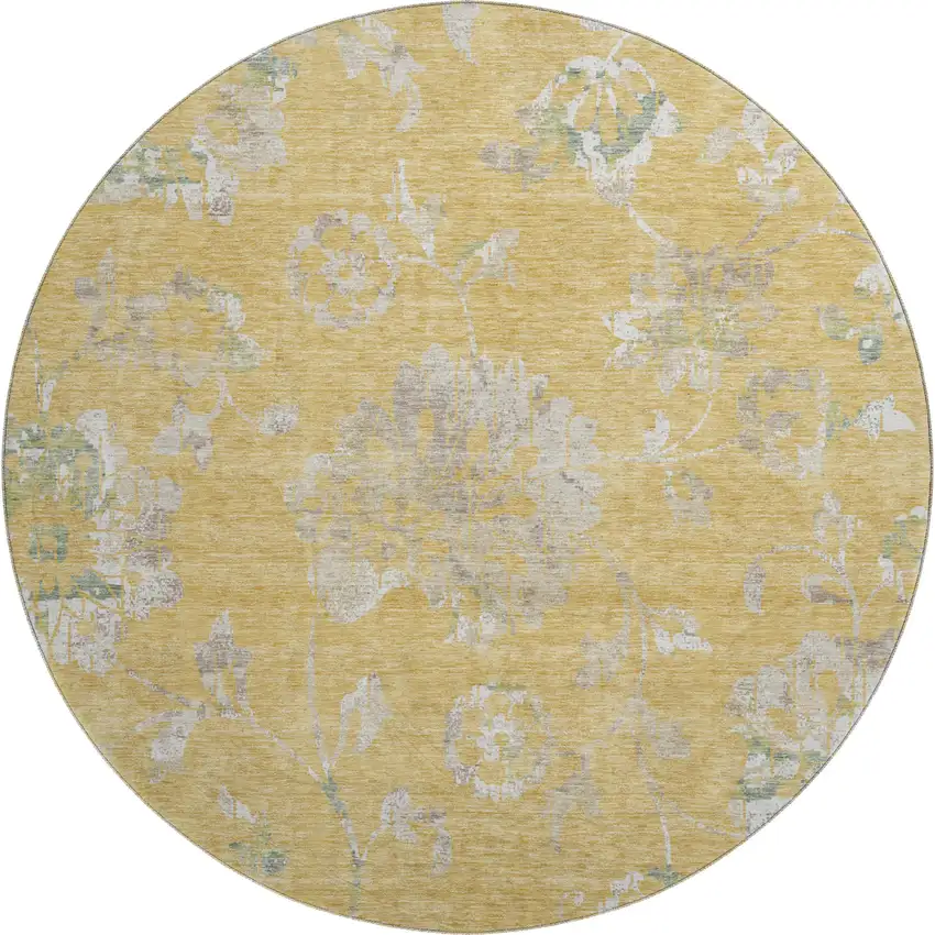 8' Gold And Silver Floral Washable Round Rug With UV Protection Photo 1