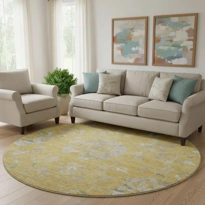 8' Gold And Silver Floral Washable Round Rug With UV Protection Photo 1