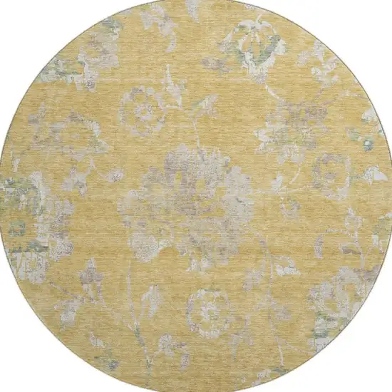 8' Gold And Silver Floral Washable Round Rug With UV Protection Photo 3