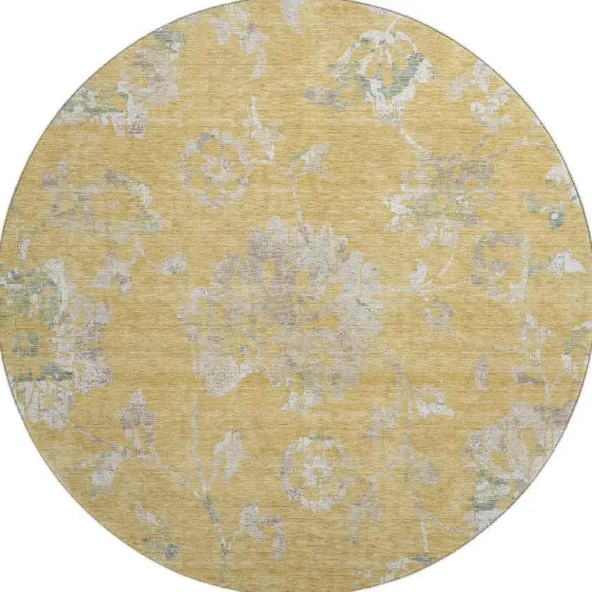 8' Gold And Silver Floral Washable Round Rug With UV Protection Photo 3