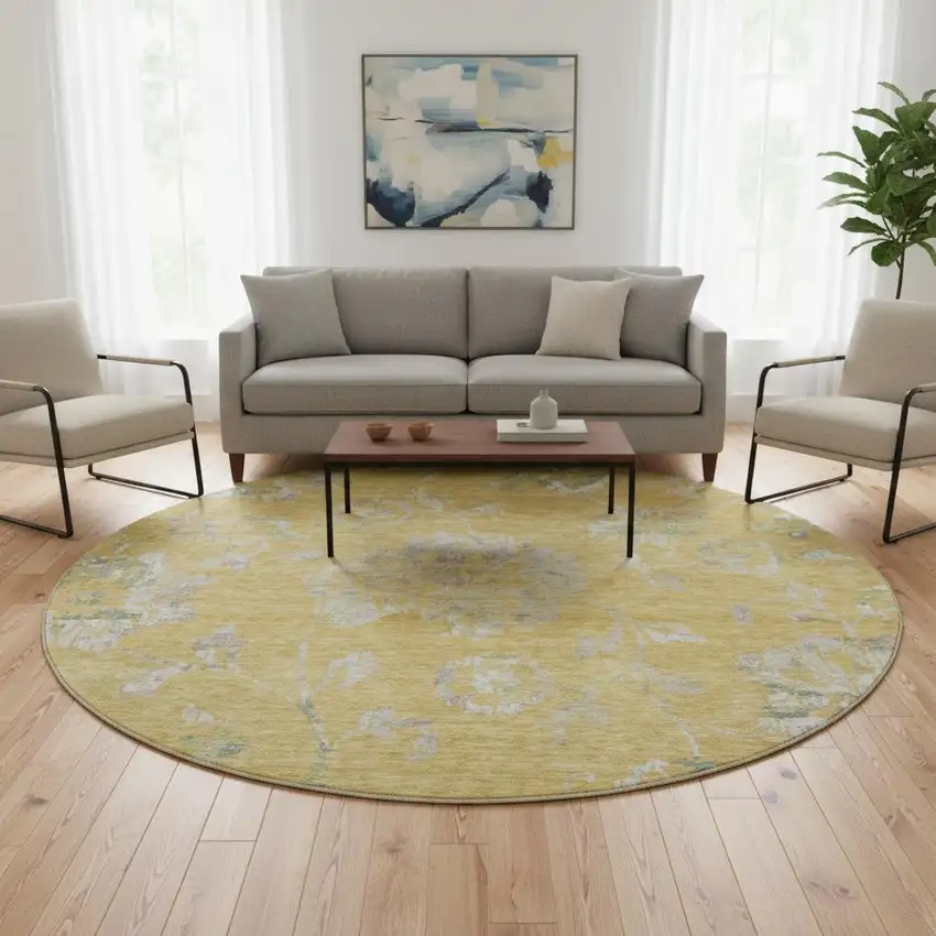 8' Gold And Silver Floral Washable Round Rug With UV Protection Photo 2