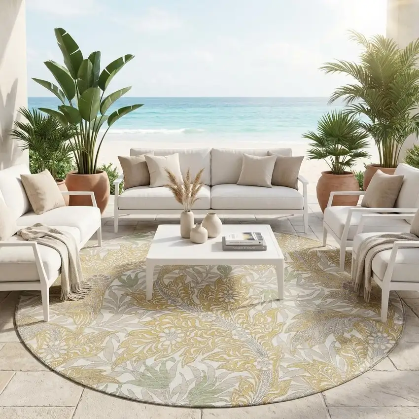 8' Gold And Silver Round Botanical Leaves Washable Indoor Outdoor Area Rug Photo 1