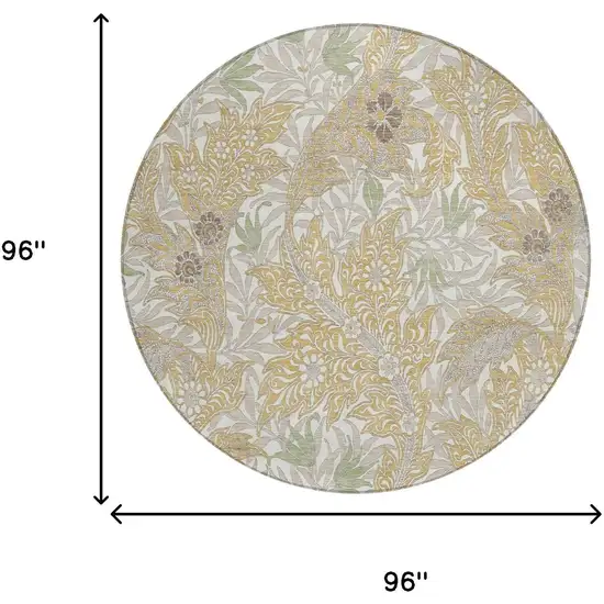 8' Gold And Silver Round Botanical Leaves Washable Indoor Outdoor Area Rug Photo 5