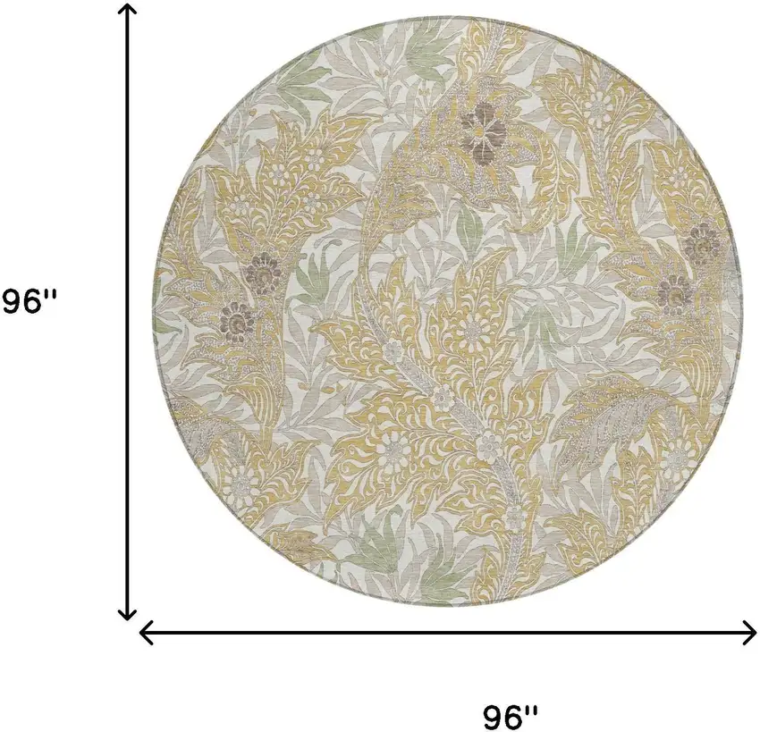 8' Gold And Silver Round Botanical Leaves Washable Indoor Outdoor Area Rug Photo 5