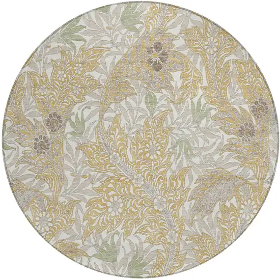 8' Gold And Silver Round Botanical Leaves Washable Indoor Outdoor Area Rug Photo 2