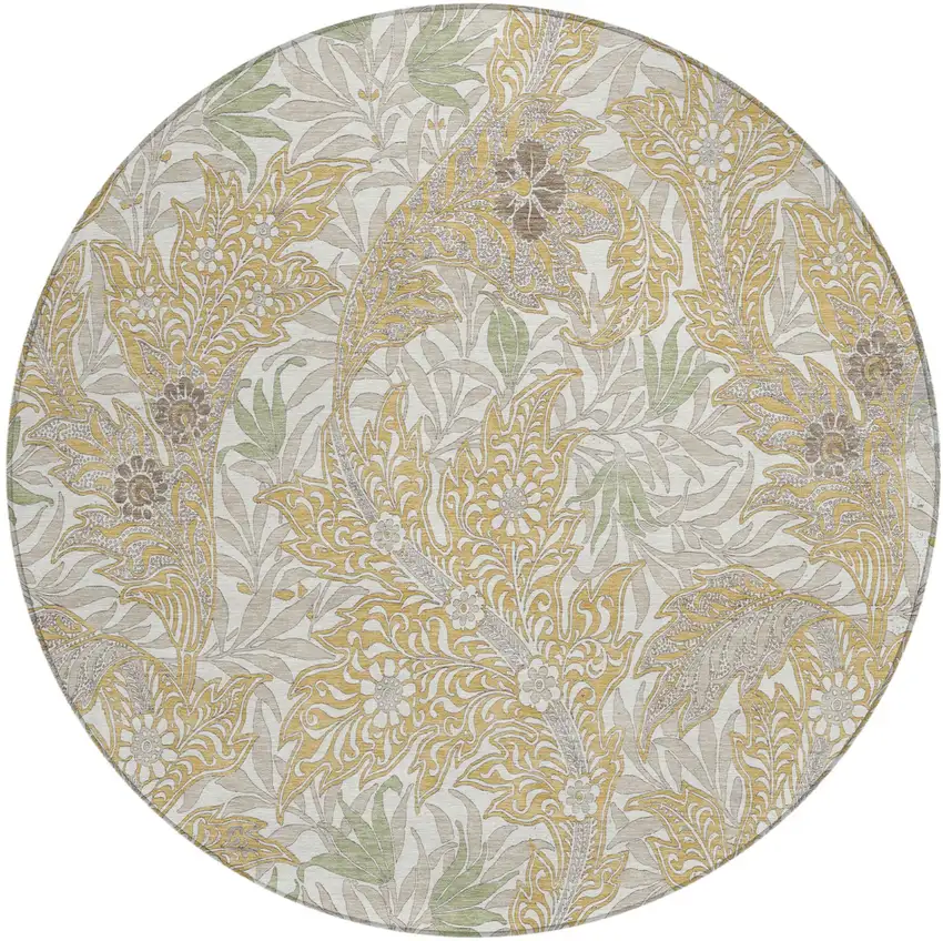 8' Gold And Silver Round Botanical Leaves Washable Indoor Outdoor Area Rug Photo 2