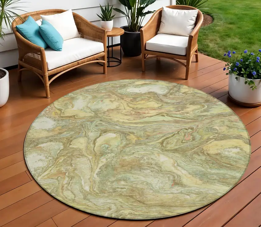 8' Gold And Taupe Round Abstract Washable Indoor Outdoor Area Rug Photo 2
