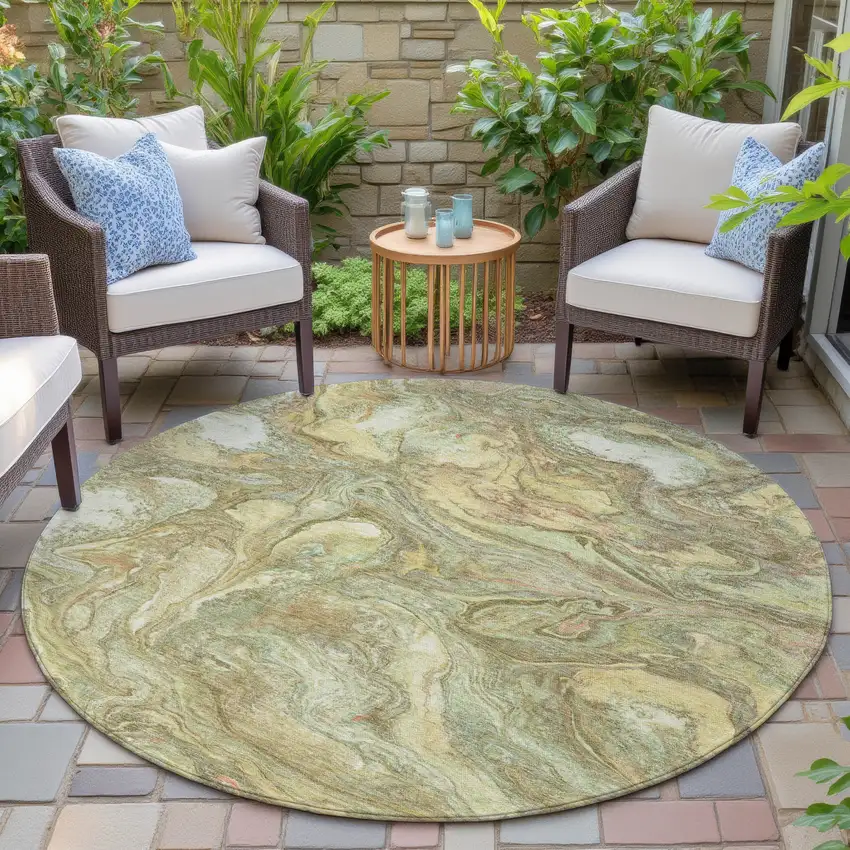 8' Gold And Taupe Round Abstract Washable Indoor Outdoor Area Rug Photo 6
