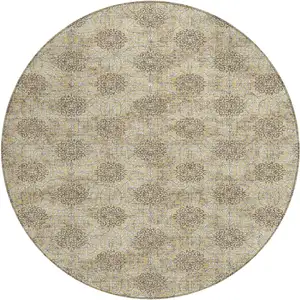 Photo of 8' Gold And Taupe Round Damask Washable Indoor Outdoor Area Rug