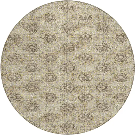 8' Gold And Taupe Round Damask Washable Indoor Outdoor Area Rug Photo 1