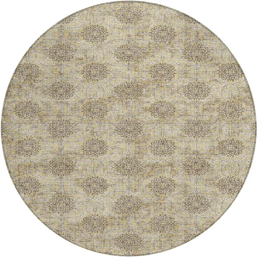 8' Gold And Taupe Round Damask Washable Indoor Outdoor Area Rug Photo 1