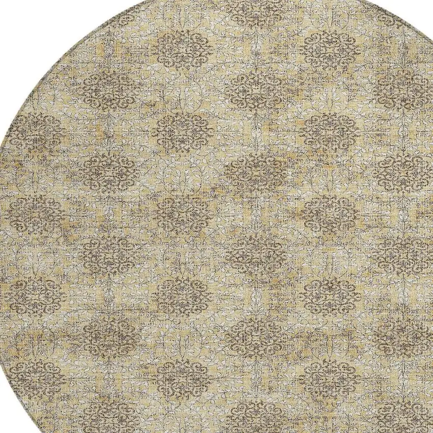 8' Gold And Taupe Round Damask Washable Indoor Outdoor Area Rug Photo 4