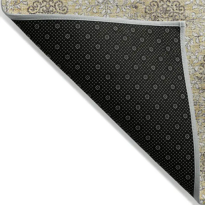 8' Gold And Taupe Round Damask Washable Indoor Outdoor Area Rug Photo 9