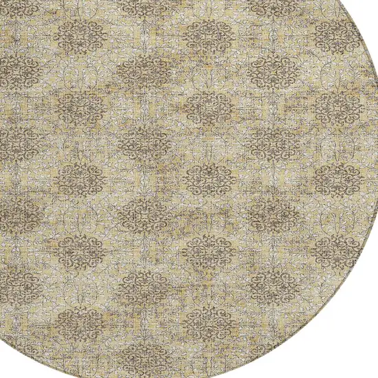 8' Gold And Taupe Round Damask Washable Indoor Outdoor Area Rug Photo 8