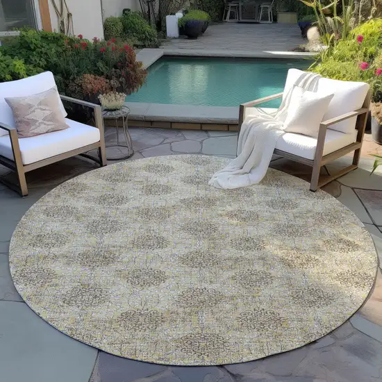 8' Gold And Taupe Round Damask Washable Indoor Outdoor Area Rug Photo 5