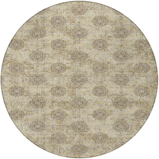 8' Gold And Taupe Round Damask Washable Indoor Outdoor Area Rug Photo 3