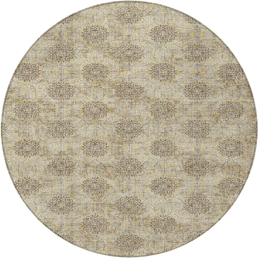 8' Gold And Taupe Round Damask Washable Indoor Outdoor Area Rug Photo 3