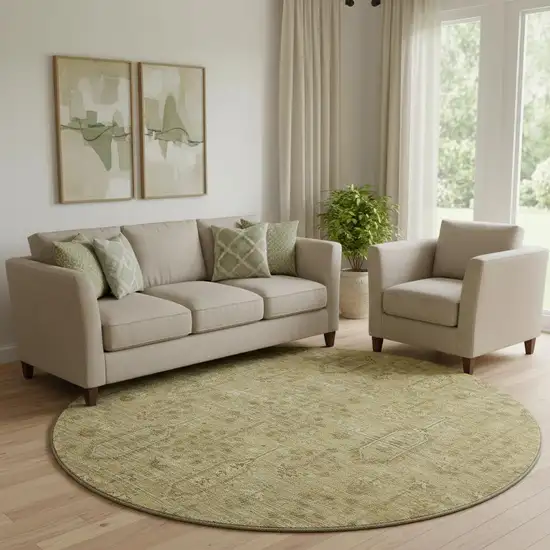 8' Gold And Taupe Southwestern Washable Round Rug With UV Protection Photo 1