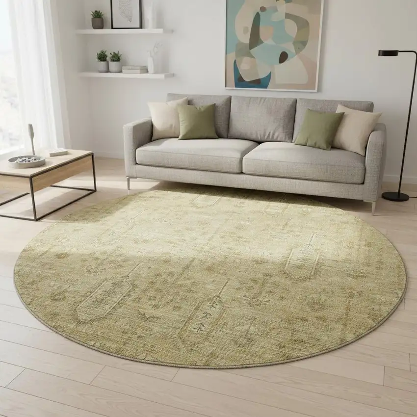 8' Gold And Taupe Southwestern Washable Round Rug With UV Protection Photo 2