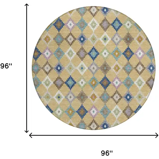 8' Gold And Teal Blue Round Aztec Washable Indoor Outdoor Area Rug Photo 7