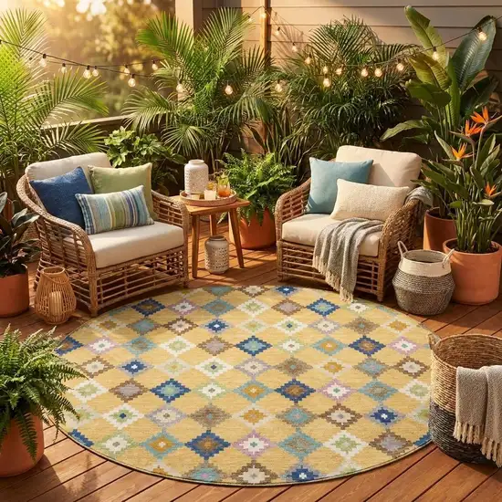 8' Gold And Teal Blue Round Aztec Washable Indoor Outdoor Area Rug Photo 1