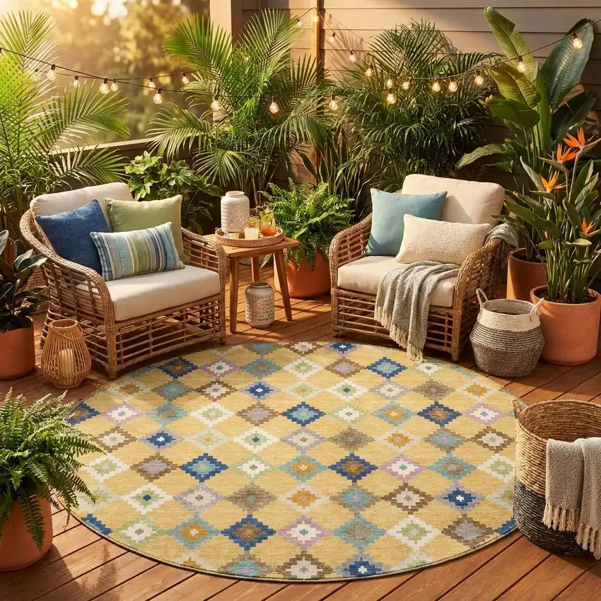 8' Gold And Teal Blue Round Aztec Washable Indoor Outdoor Area Rug Photo 1