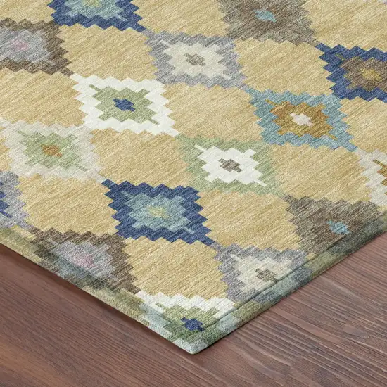 8' Gold And Teal Blue Round Aztec Washable Indoor Outdoor Area Rug Photo 5