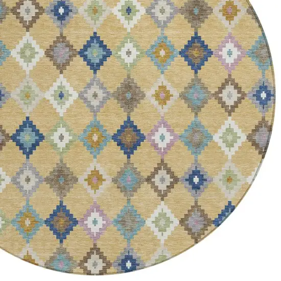 8' Gold And Teal Blue Round Aztec Washable Indoor Outdoor Area Rug Photo 3