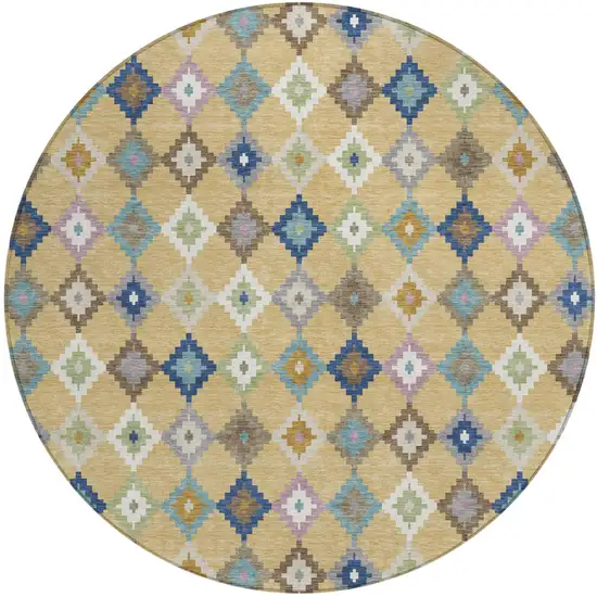 8' Gold And Teal Blue Round Aztec Washable Indoor Outdoor Area Rug Photo 2