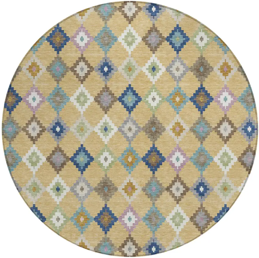 8' Gold And Teal Blue Round Aztec Washable Indoor Outdoor Area Rug Photo 2
