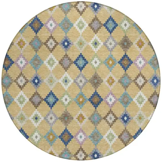 8' Gold And Teal Blue Round Aztec Washable Indoor Outdoor Area Rug Photo 4