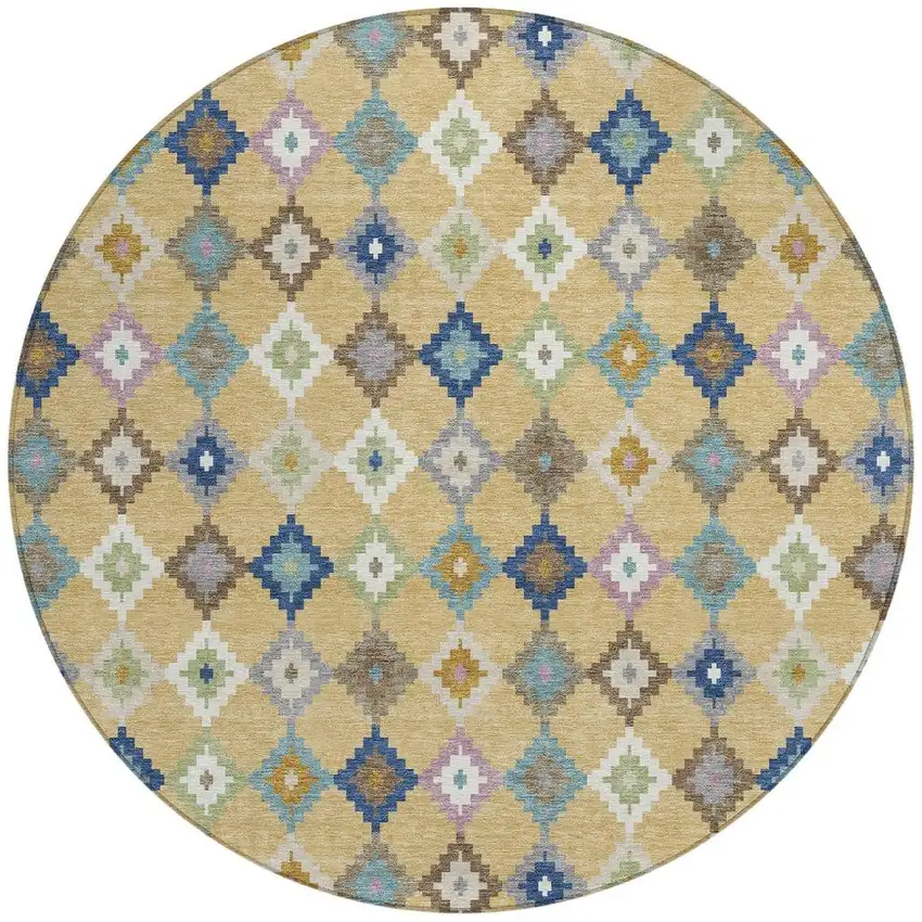 8' Gold And Teal Blue Round Aztec Washable Indoor Outdoor Area Rug Photo 4