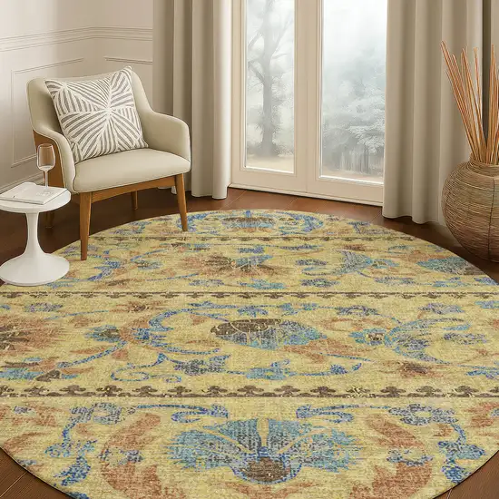8' Gold And Teal Blue Round Floral Washable Indoor Outdoor Area Rug Photo 5