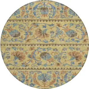 Photo of 8' Gold And Teal Blue Round Floral Washable Indoor Outdoor Area Rug