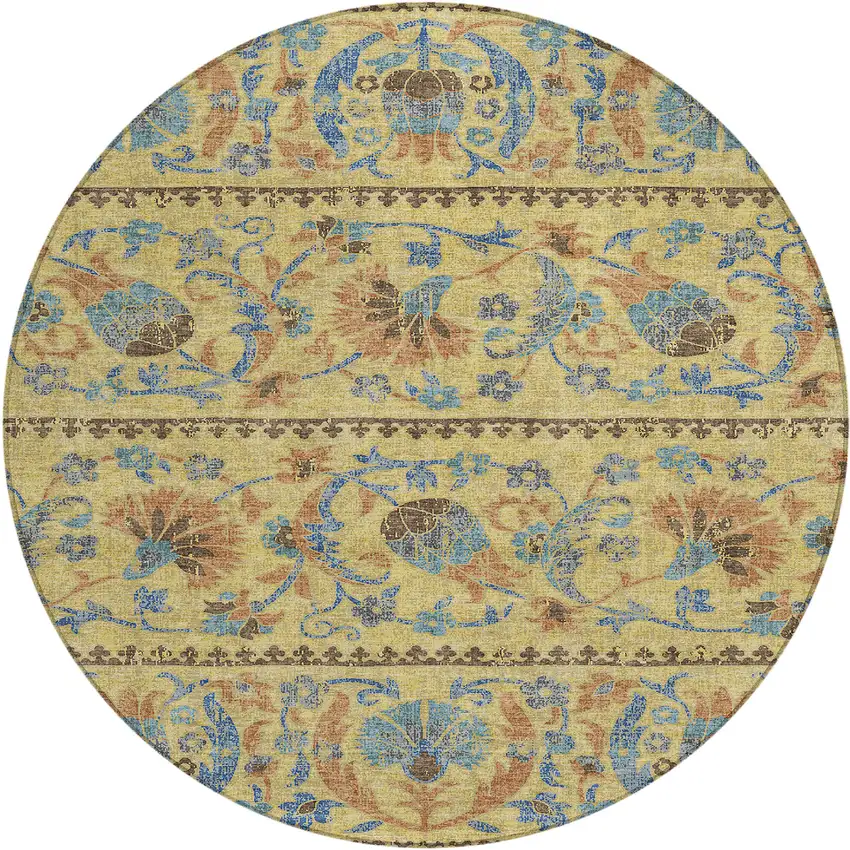 8' Gold And Teal Blue Round Floral Washable Indoor Outdoor Area Rug Photo 1
