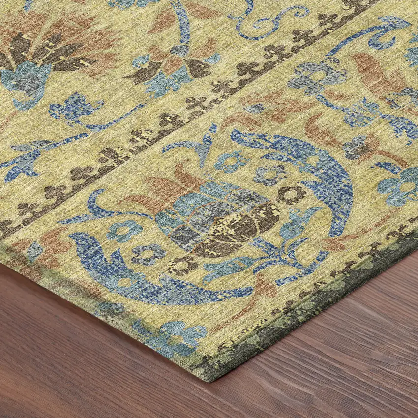 8' Gold And Teal Blue Round Floral Washable Indoor Outdoor Area Rug Photo 6