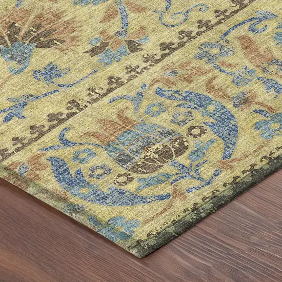 8' Gold And Teal Blue Round Floral Washable Indoor Outdoor Area Rug Photo 6