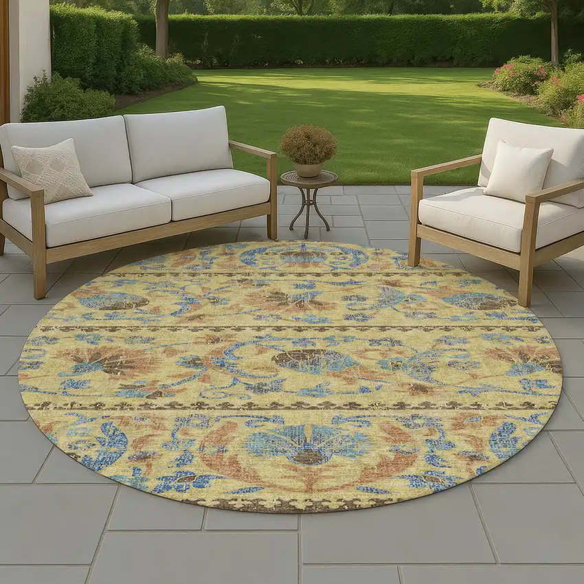 8' Gold And Teal Blue Round Floral Washable Indoor Outdoor Area Rug Photo 4