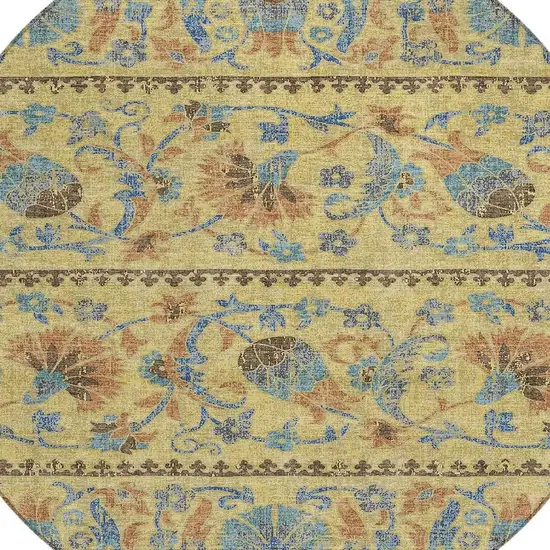 8' Gold And Teal Blue Round Floral Washable Indoor Outdoor Area Rug Photo 2