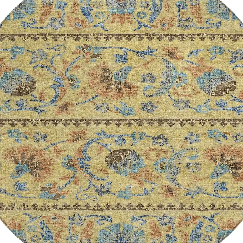 8' Gold And Teal Blue Round Floral Washable Indoor Outdoor Area Rug Photo 2