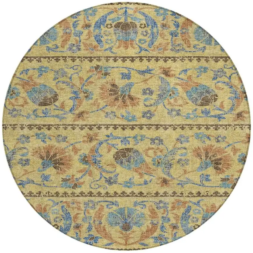 8' Gold And Teal Blue Round Floral Washable Indoor Outdoor Area Rug Photo 3