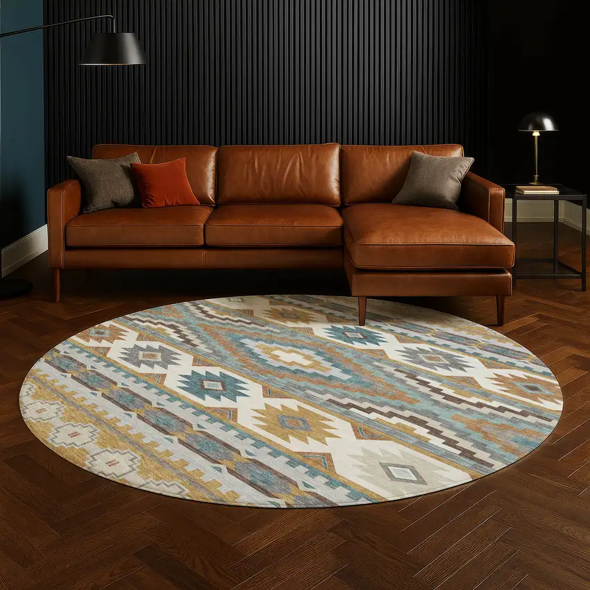 8' Gold And Teal Blue Round Southwestern Washable Indoor Outdoor Area Rug Photo 5