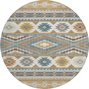 Photo of 8' Gold And Teal Blue Round Southwestern Washable Indoor Outdoor Area Rug