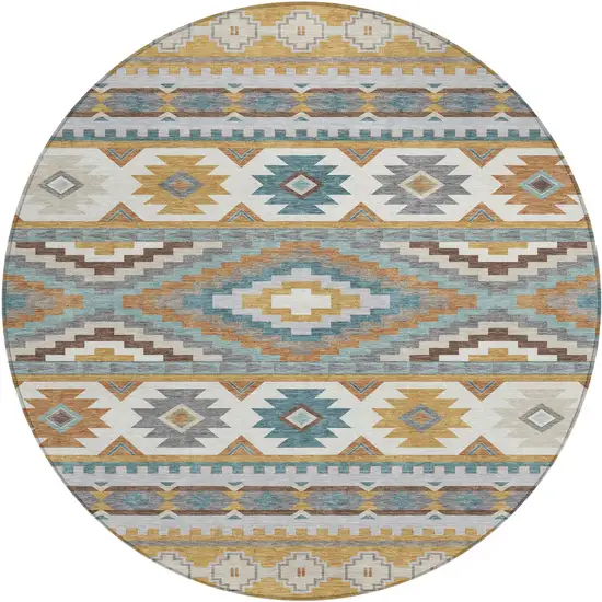 8' Gold And Teal Blue Round Southwestern Washable Indoor Outdoor Area Rug Photo 1
