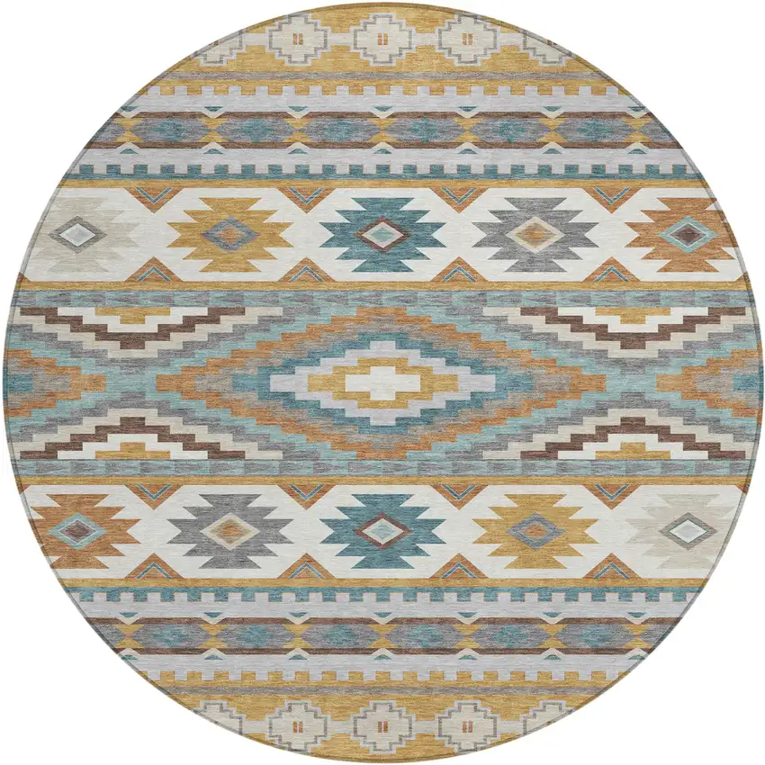 8' Gold And Teal Blue Round Southwestern Washable Indoor Outdoor Area Rug Photo 1