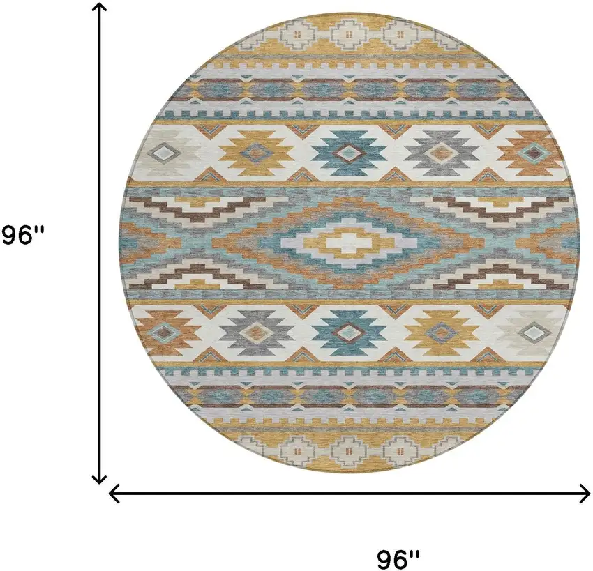 8' Gold And Teal Blue Round Southwestern Washable Indoor Outdoor Area Rug Photo 8
