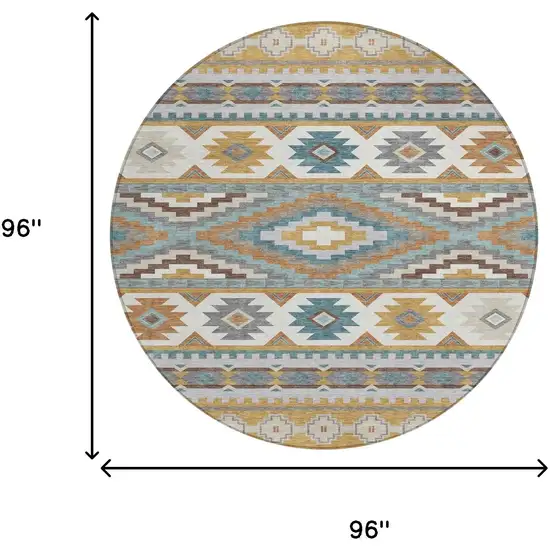8' Gold And Teal Blue Round Southwestern Washable Indoor Outdoor Area Rug Photo 8