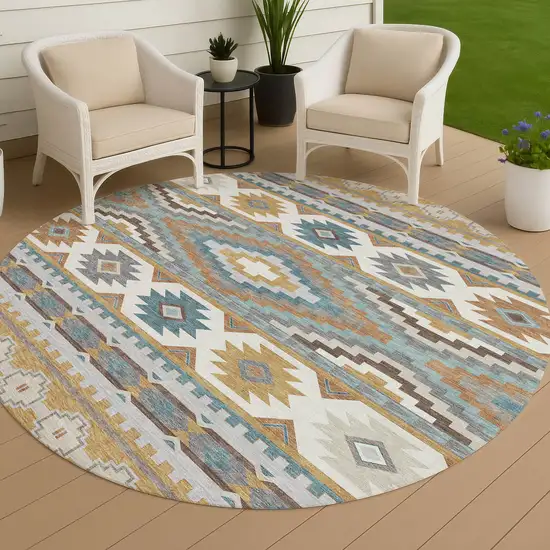8' Gold And Teal Blue Round Southwestern Washable Indoor Outdoor Area Rug Photo 4