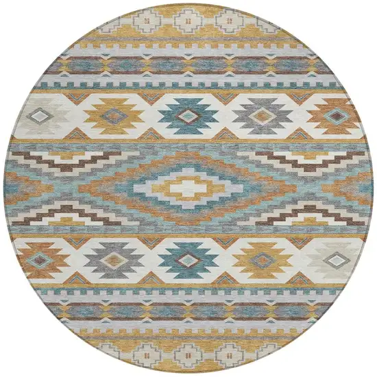 8' Gold And Teal Blue Round Southwestern Washable Indoor Outdoor Area Rug Photo 3